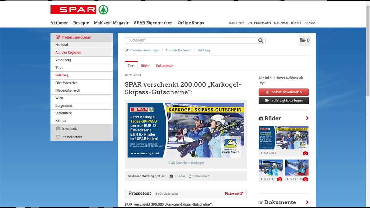 Screenshot: Der PResstige-Newsroom von SPAR Österreich